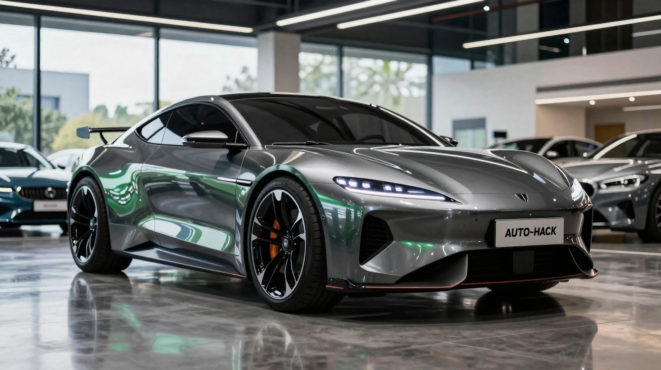 Carro esportivo cinza metálico estacionado em showroom moderno com piso refletivo e iluminação natural.