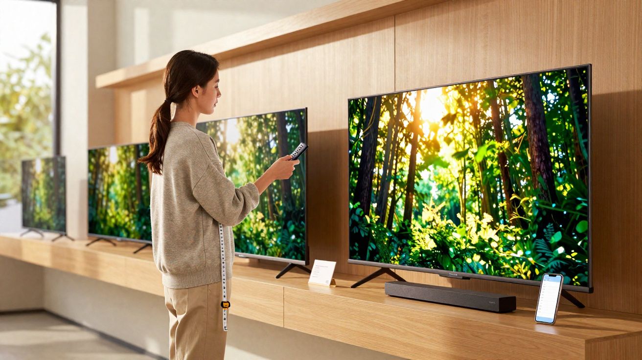 Mulher em loja de eletrônicos testando TVs com imagens de floresta na tela.