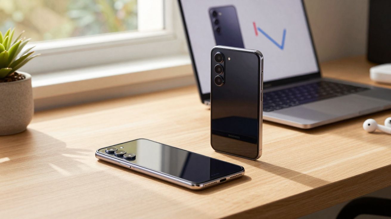 Dois smartphones Samsung pretos sobre mesa de madeira, com notebook e planta ao fundo.