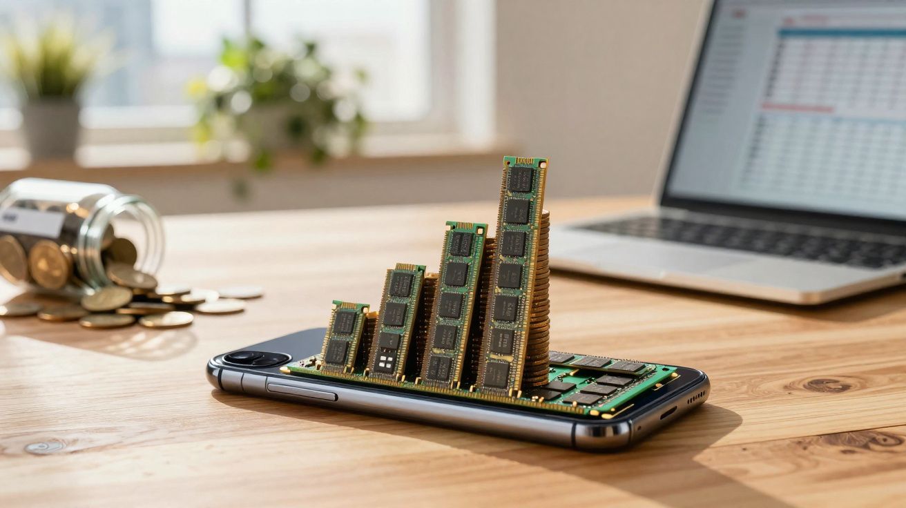 Smartphone com gráficos formando barras crescentes usando módulos de memória sobre ele, ao lado de moedas e notebook.