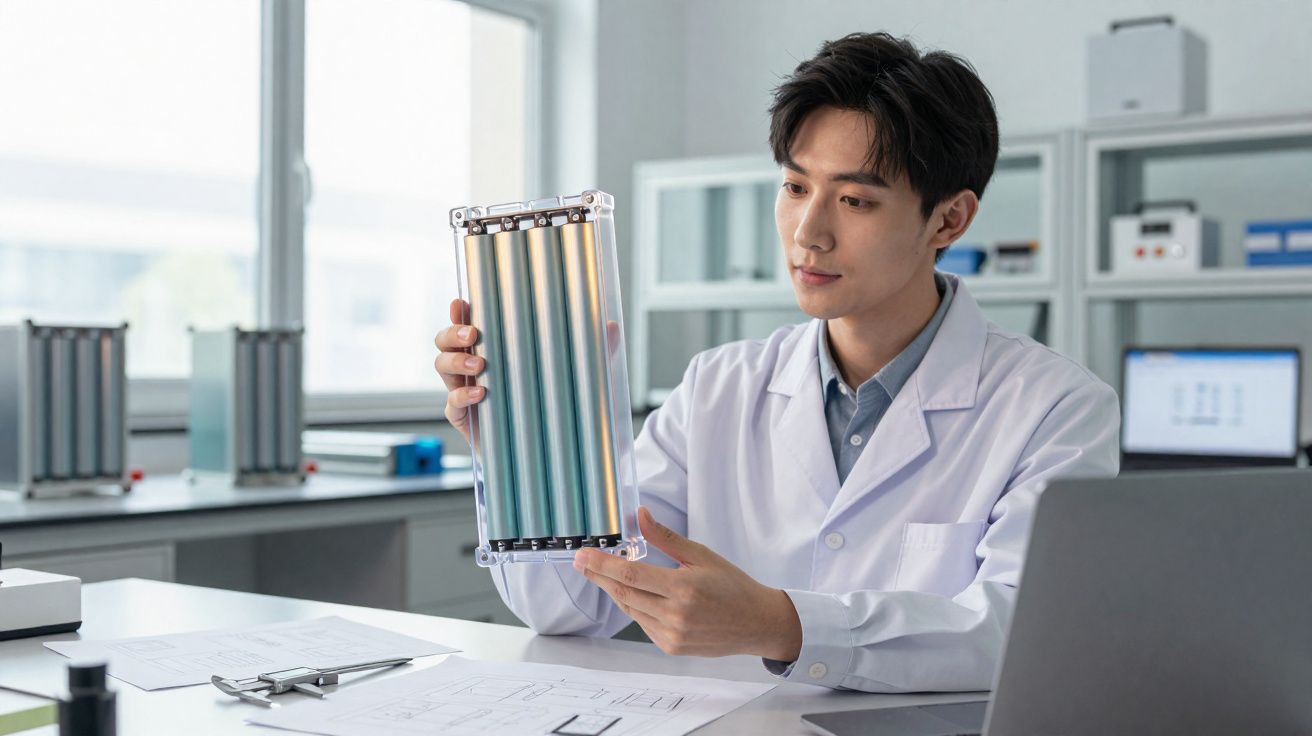 Cientista em laboratório analisando componente tecnológico retangular com cilindros internos.