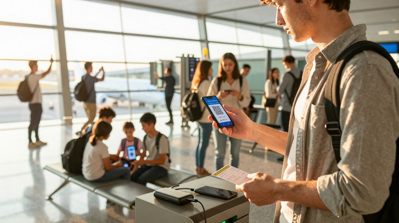 Jovem usa celular para mostrar ingresso digital em aeroporto movimentado com pessoas ao fundo.