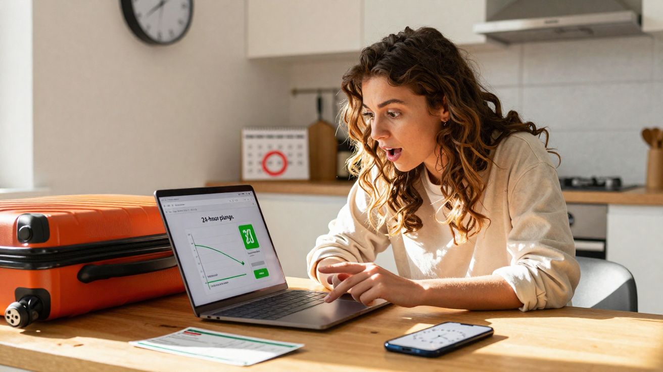 Mulher surpresa olhando para gráfico em laptop, ao lado de mala laranja, telefone e documento sobre mesa de madeira.