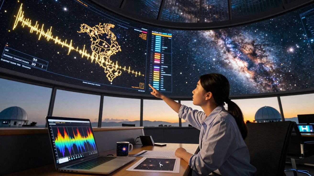 Mulher em observatório apontando para telas com dados astronômicos e imagem da Via Láctea ao fundo.