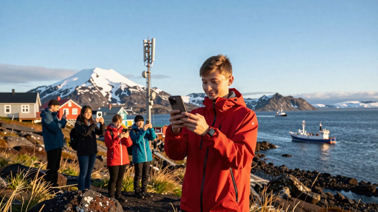 Grupo de pessoas vestindo casacos coloridos tirando fotos com celulares na beira do mar e montanha nevada ao fundo.
