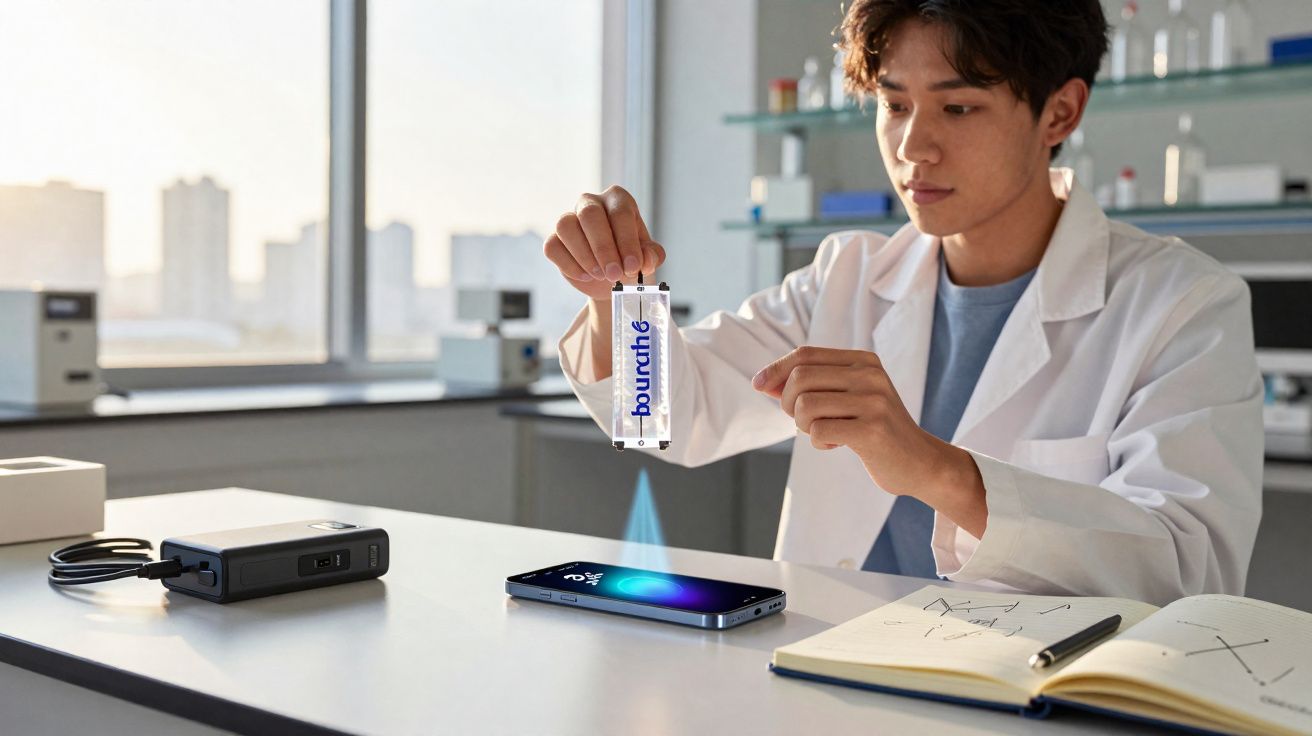 Jovem usando jaleco branco manipula dispositivo tecnológico que projeta imagem holográfica em mesa de laboratório.