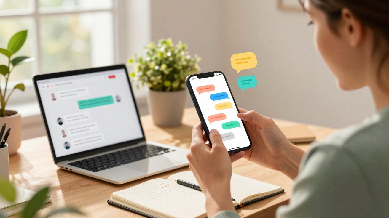 Pessoa usando smartphone para trocar mensagens, com notebook e caderno à sua frente em mesa de trabalho.