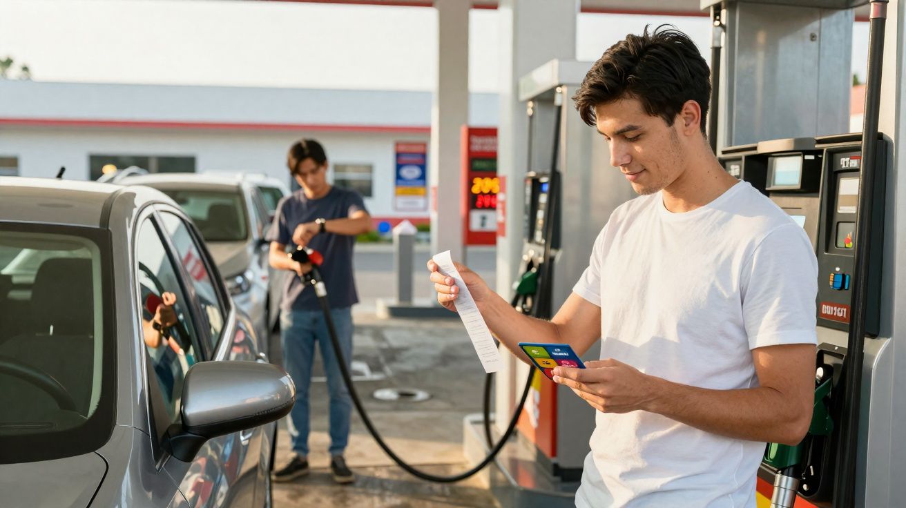 Jovem lê recibo de combustível enquanto outro abastece carro em posto de gasolina.