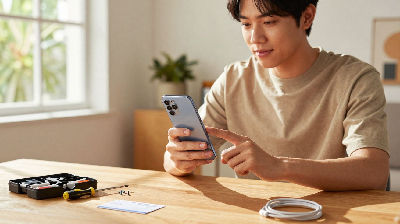 Homem sentado em mesa com ferramentas e smartphone, tocando na tela do aparelho.