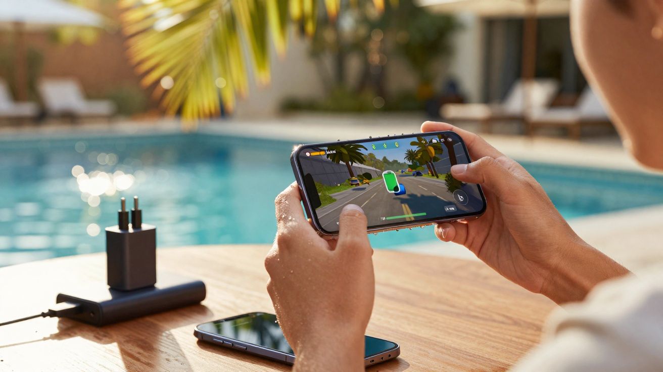 Pessoa jogando jogo de corrida em smartphone próximo a piscina em área externa.