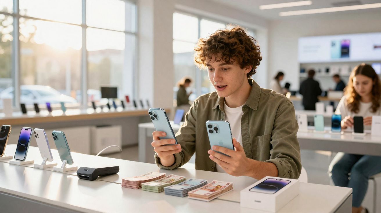 Jovem comparando dois celulares em loja de eletrônicos com notas de dinheiro sobre a mesa.