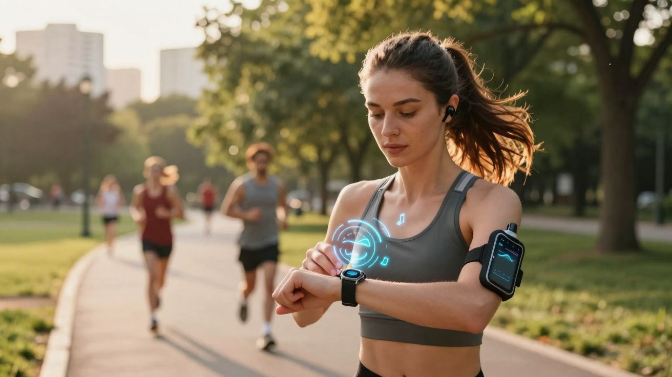 Mulher com roupa esportiva verifica smartwatch enquanto corre em parque com outras pessoas ao fundo.