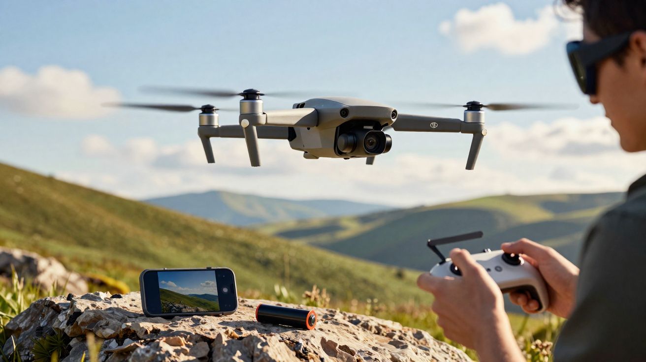 Drone cinza voando sobre pedra com controle remoto nas mãos de pessoa em área montanhosa ensolarada.