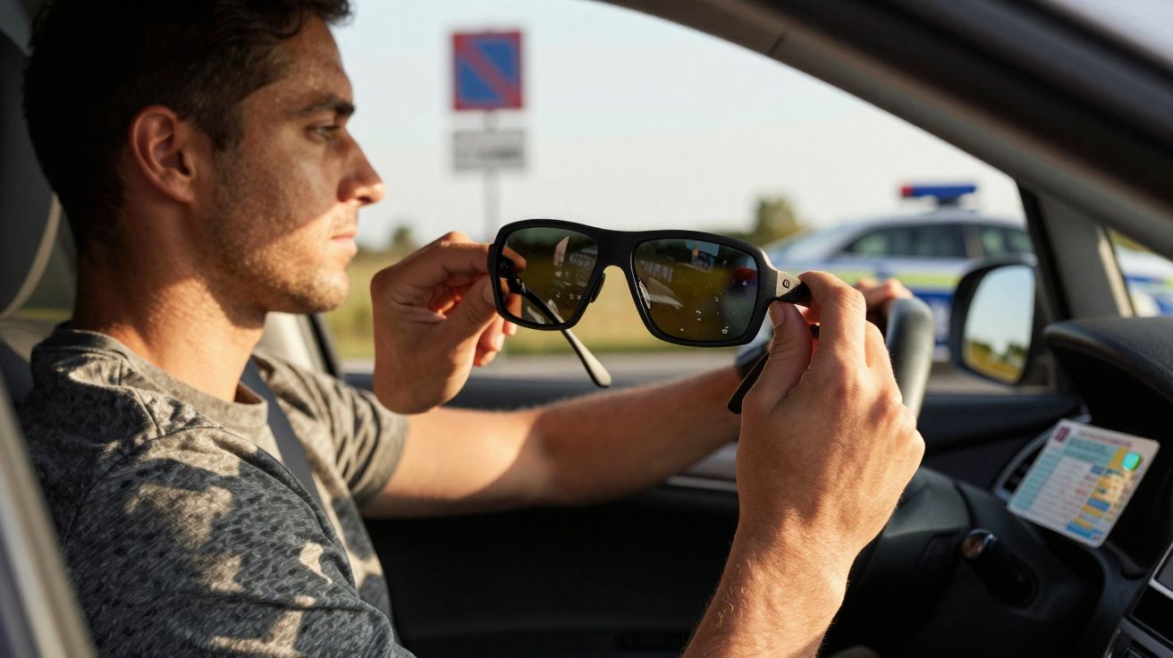 Homem no carro segurando óculos escuros com viatura da polícia ao fundo.