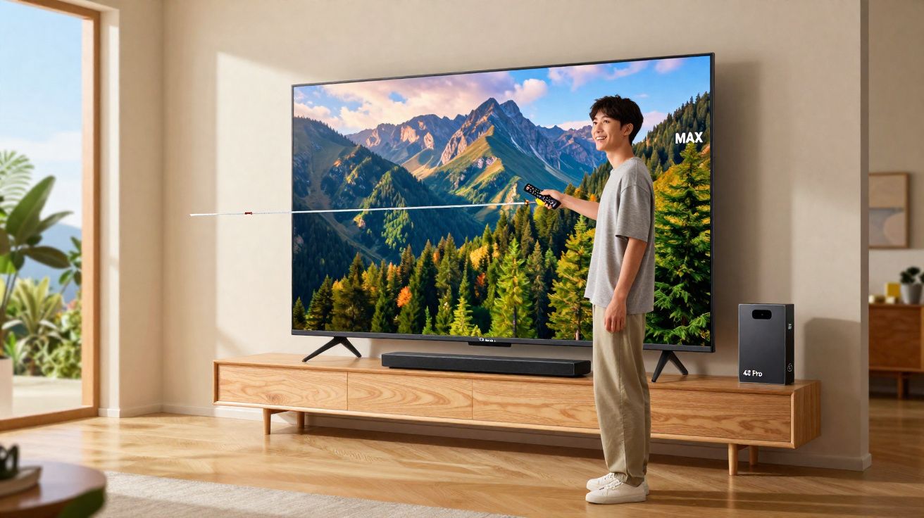 Pessoa usando controle remoto aponta para TV grande com imagem de montanhas e floresta em ambiente de sala iluminada.