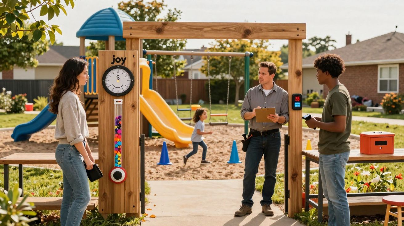 Adultos com dispositivos eletrônicos observam criança brincando em playground ao ar livre em bairro residencial.