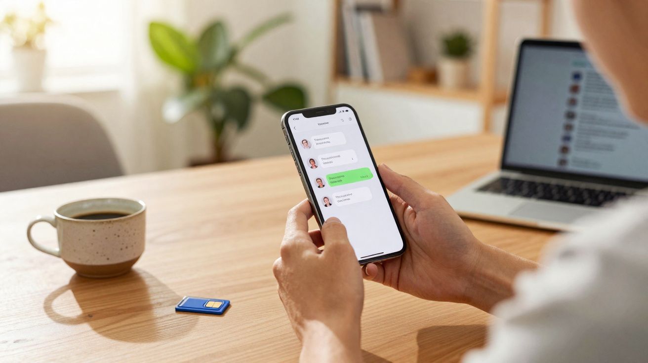 Pessoa segurando celular com aplicativo de mensagens aberto, mesa com café, chip e notebook ao fundo.