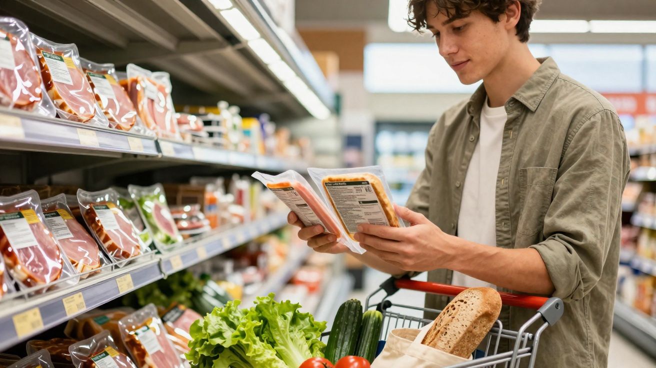 Jovem em supermercado comparando informações de dois pacotes de carne processada no corredor frigorífico.