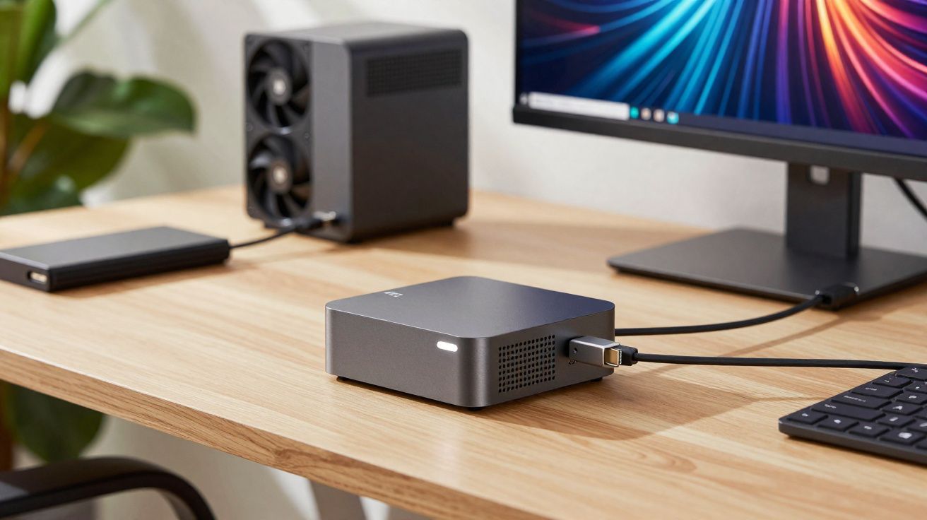 Computador compacto cinza conectado a monitor, teclado e HD externo sobre mesa de madeira clara.