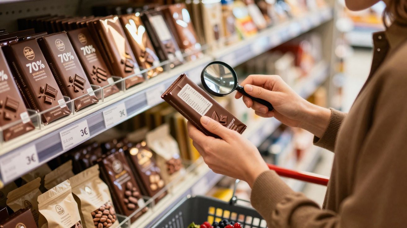 Pessoa segura barra de chocolate e observa informação nutricional com lupa em supermercado.