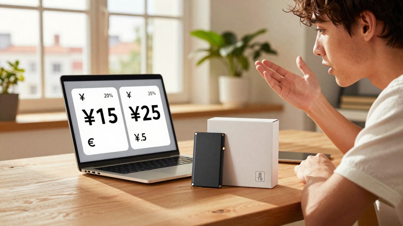 Jovem sentado à mesa comparando preços em iene e euro em laptop, com caixa e dispositivo próximo.