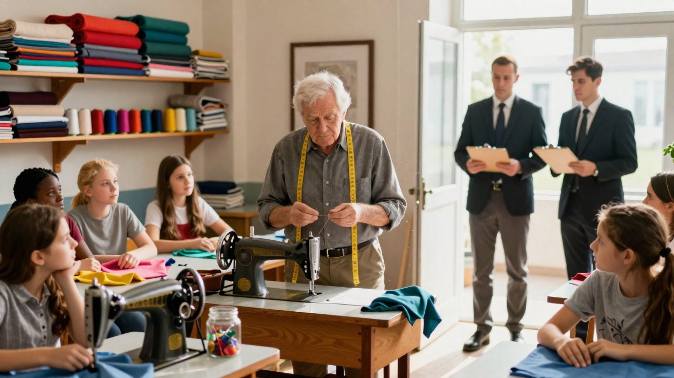 Idoso ensinando costura para jovens em sala, com máquinas e tecidos, enquanto dois homens observam com pranchetas.