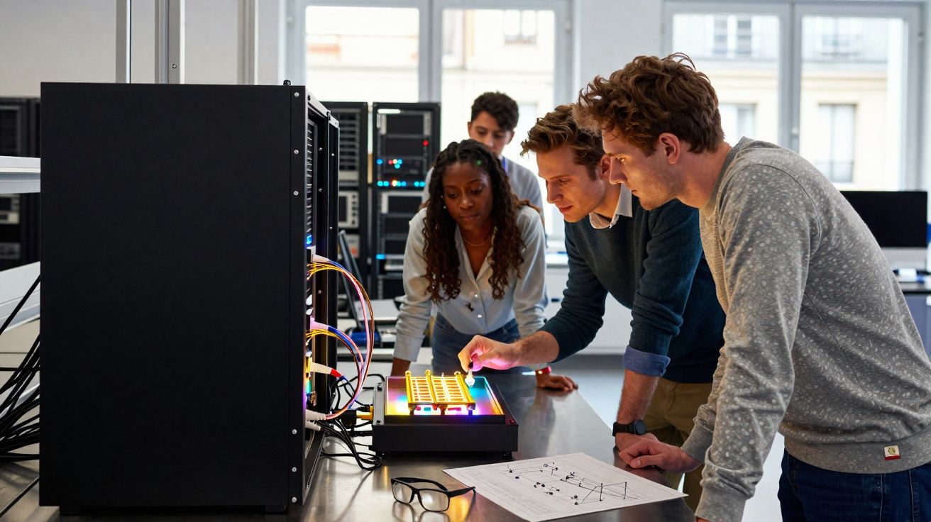 Grupo de quatro jovens analisando equipamentos tecnológicos em laboratório moderno.