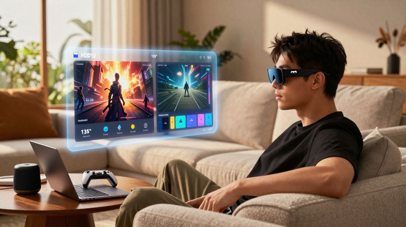 Jovem usando óculos de realidade aumentada para jogar videogame em sala de estar moderna.