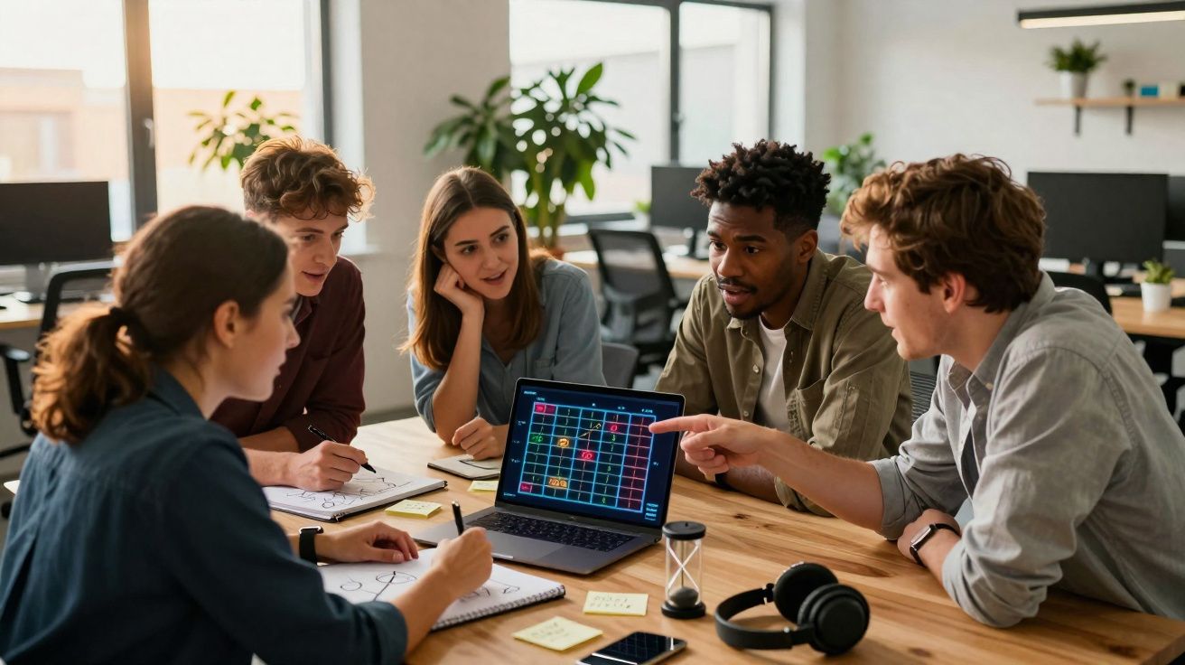 Equipe jovem discutindo projeto de videogame em laptop na mesa de escritório moderno.