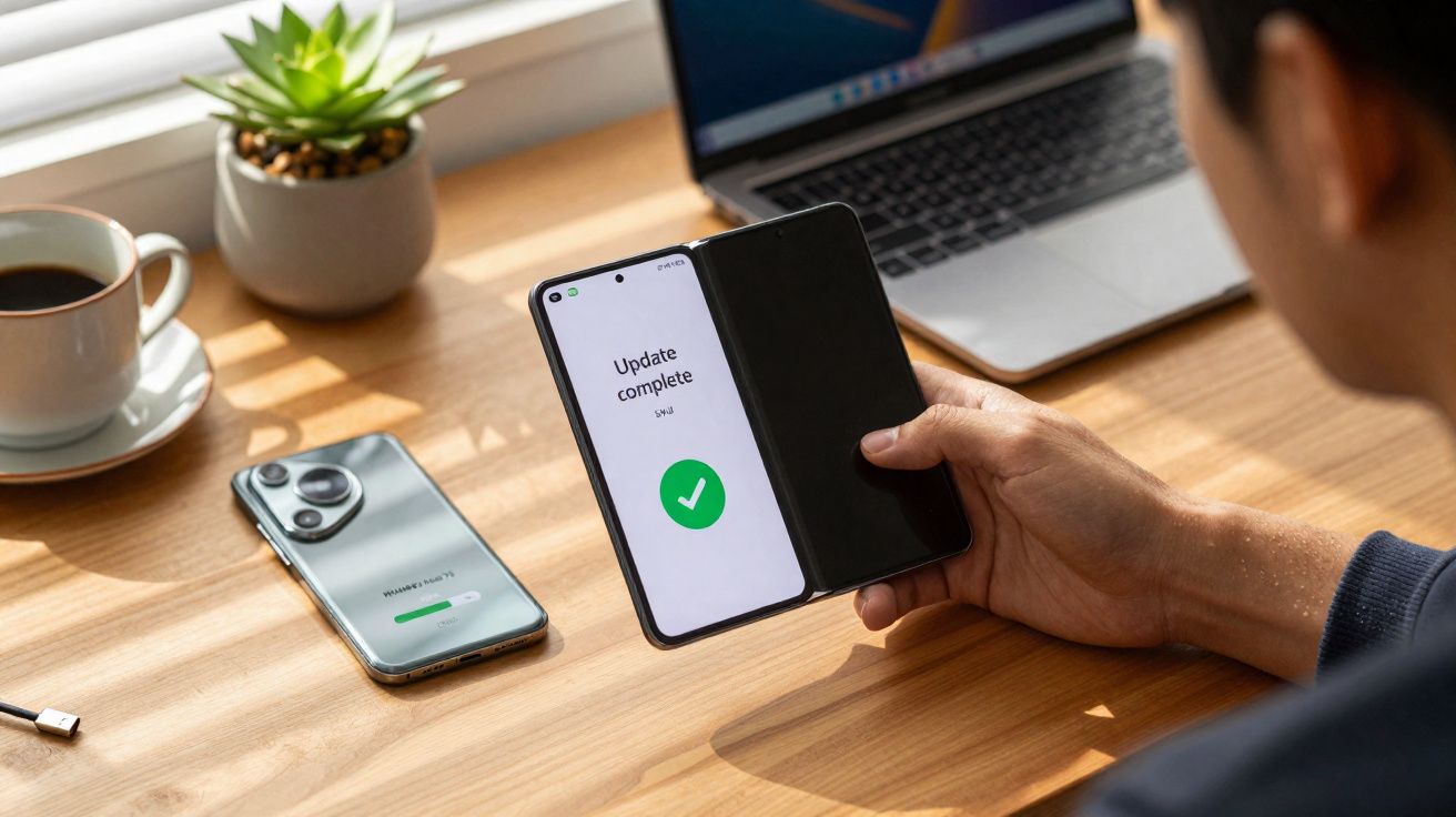 Pessoa segurando smartphone com atualização concluída, mesa com outro celular, café, planta e notebook.