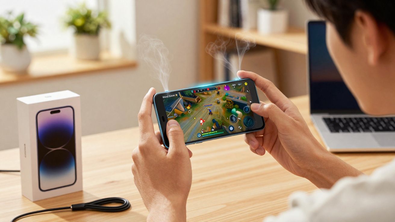 Pessoa segurando smartphone jogando game de ação com caixa do celular e notebook ao fundo.