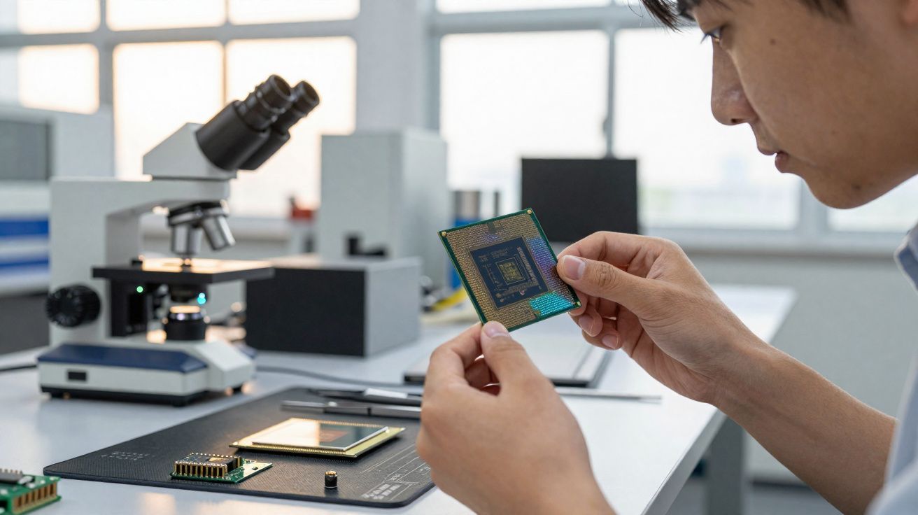 Pessoa segurando um chip eletrônico em laboratório com microscópio e componentes sobre a mesa.