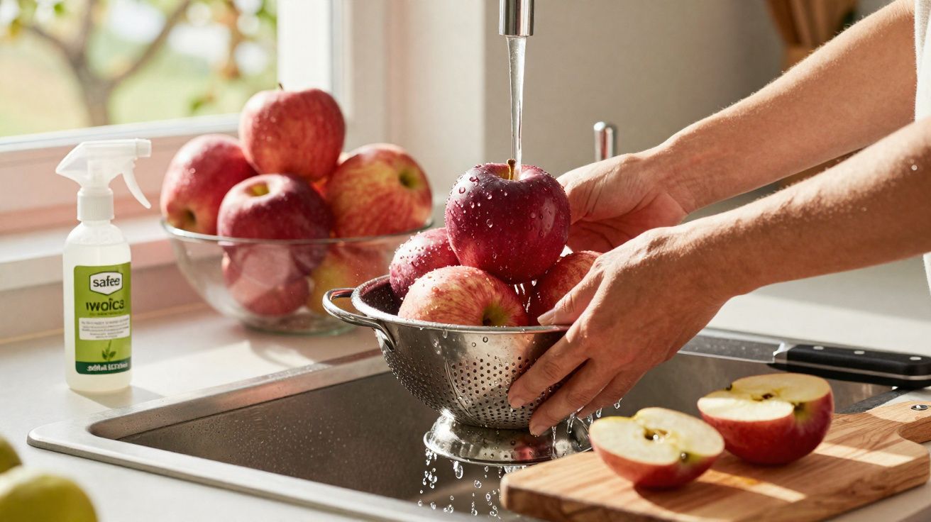Mãos lavando maçãs em uma pia com escorredor, maçãs cortadas sobre tábua de madeira ao lado.