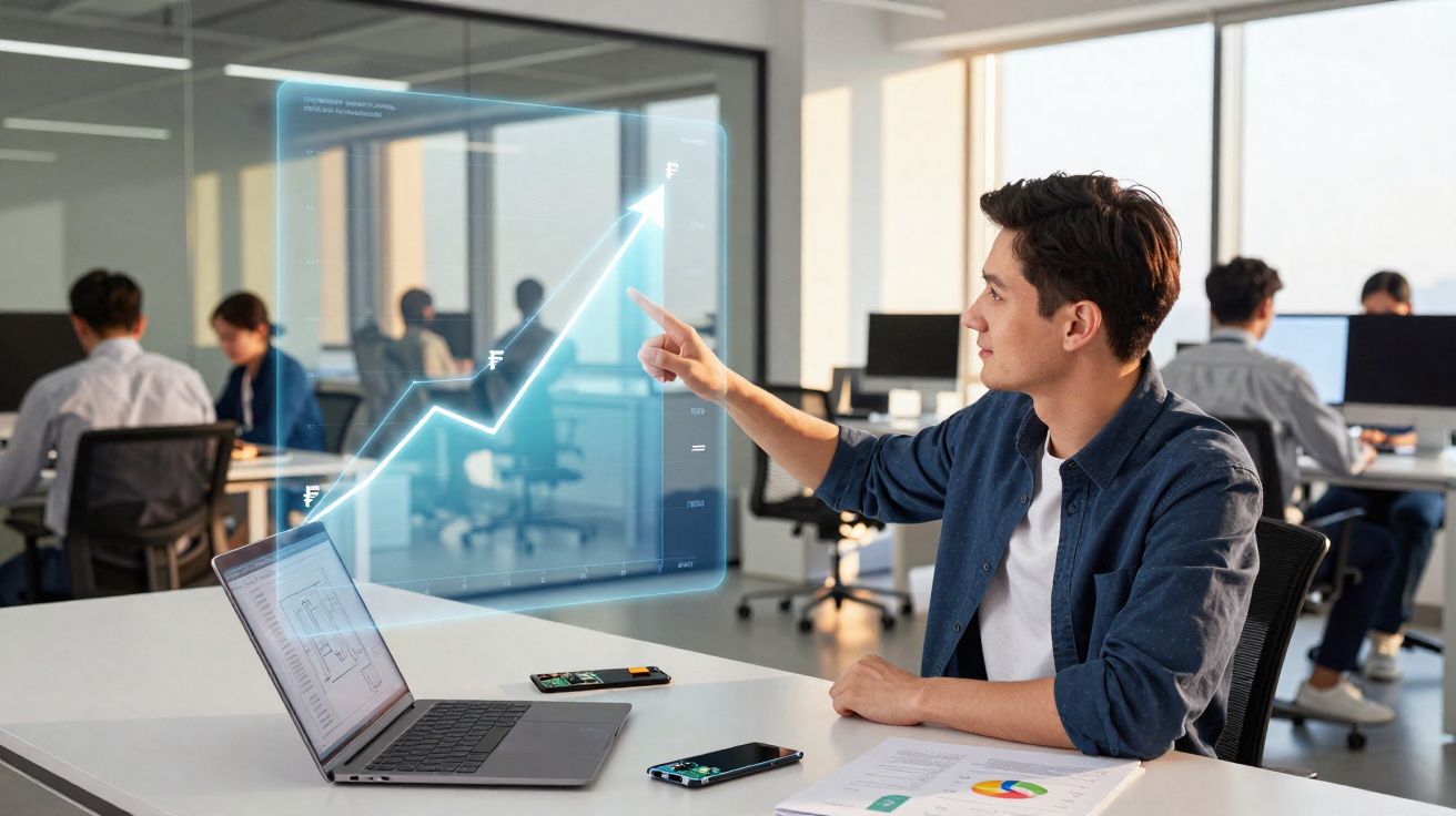 Homem em escritório interagindo com gráfico holográfico de crescimento em sala de trabalho moderna.