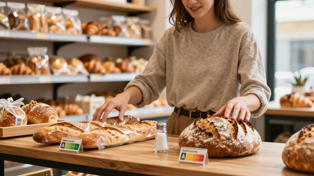 Mulher escolhendo pães em padaria com diferentes tipos de pão expostos em balcão de madeira.