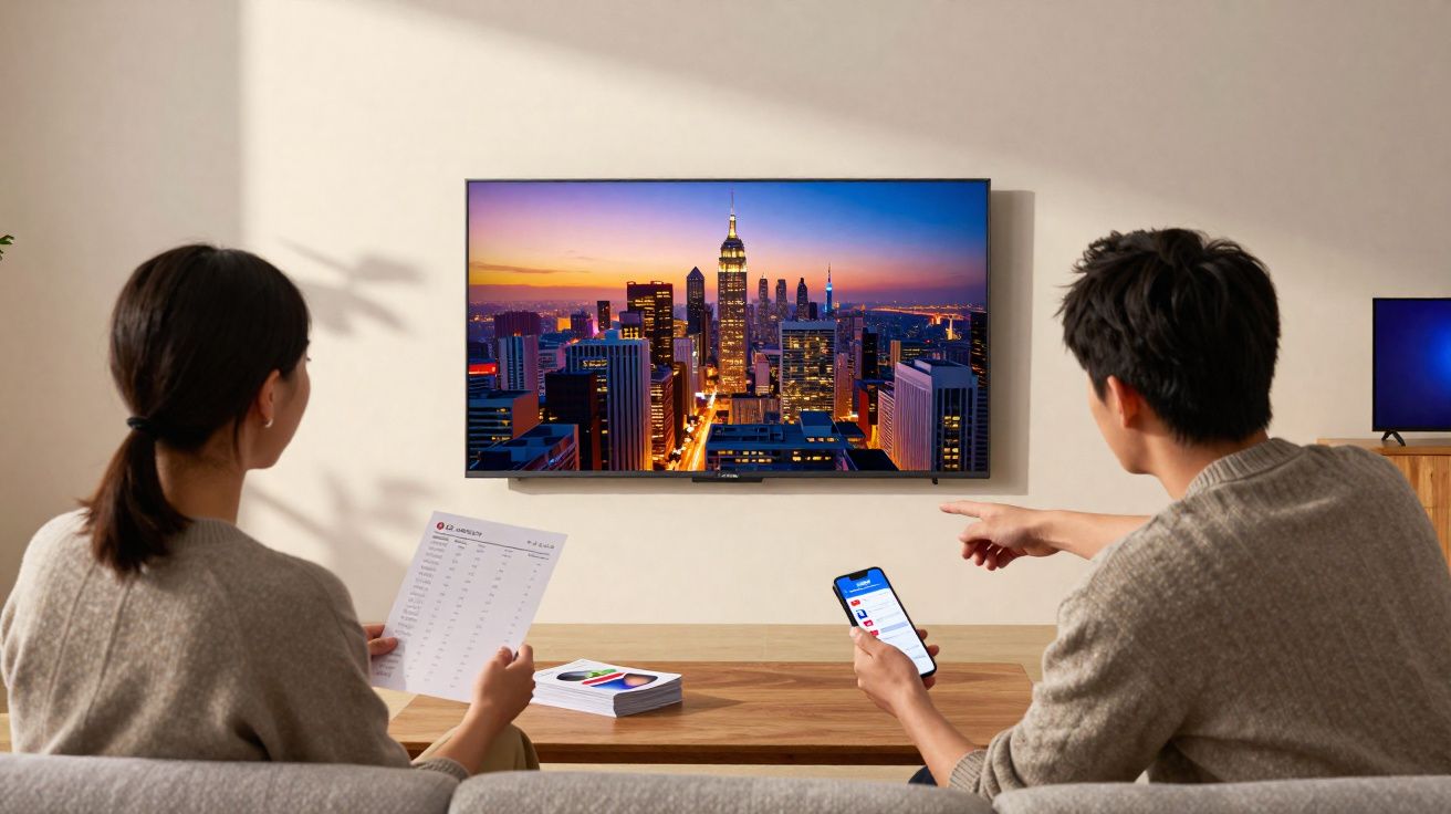 Casal sentado no sofá assistindo TV com imagem de cidade e homem segurando celular e apontando.