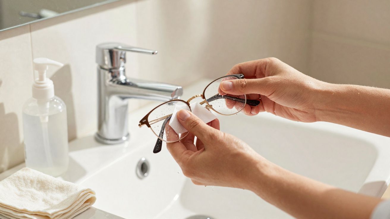 Pessoa lavando óculos com água na pia do banheiro, ao lado de toalha e frasco de sabonete líquido.