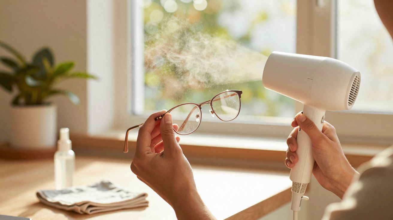 Pessoa usando secador de cabelo para eliminar embaçamento dos óculos em ambiente iluminado.