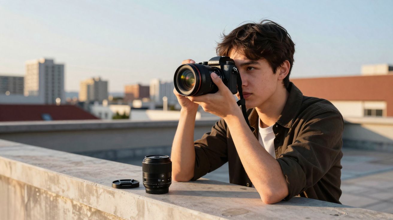Jovem fotografando com câmera DSLR em terraço urbano ao pôr do sol, lente extra sobre mureta.