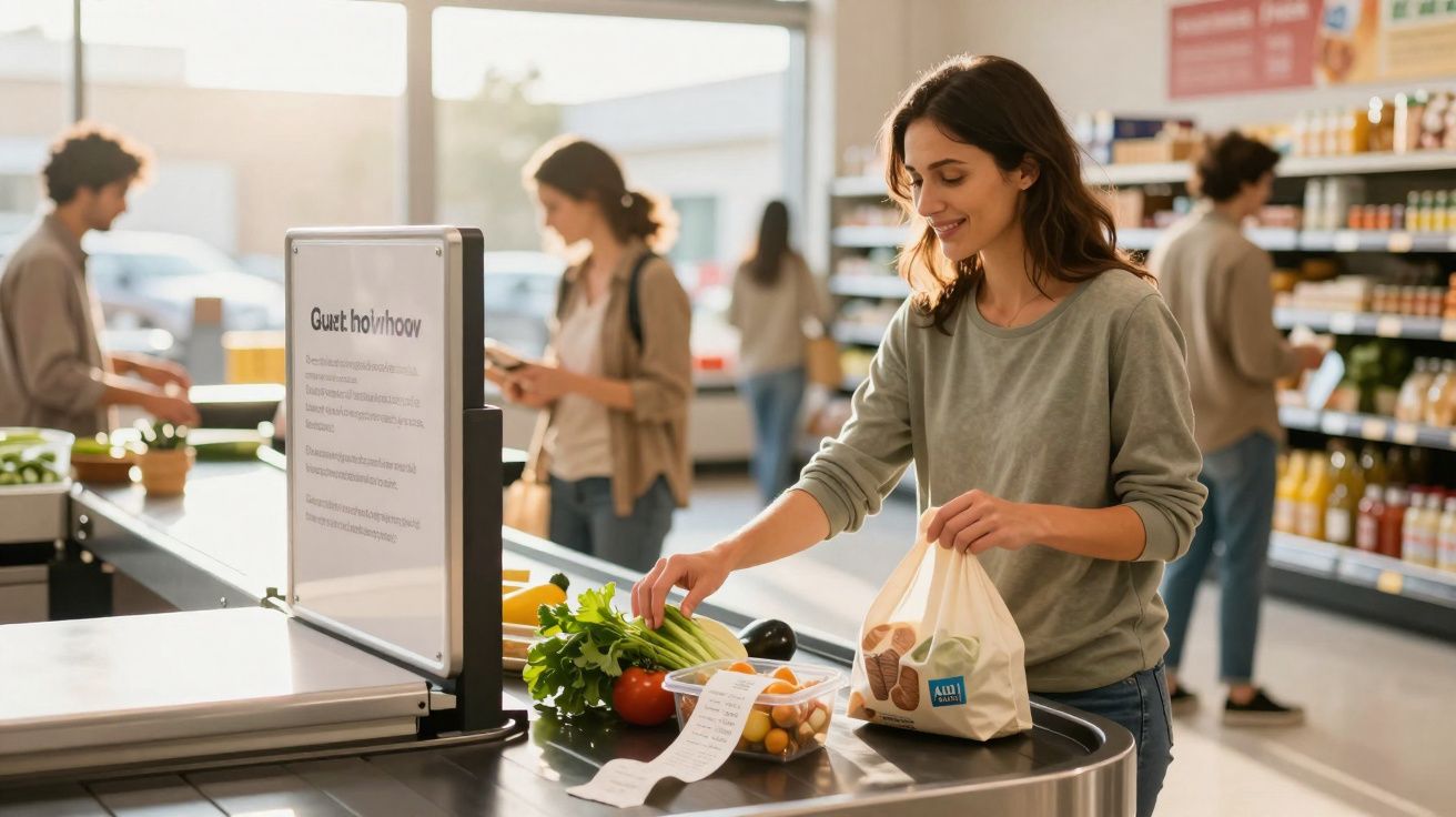 Mulher sorridente embalando compras sustentáveis no caixa de supermercado moderno e iluminado.