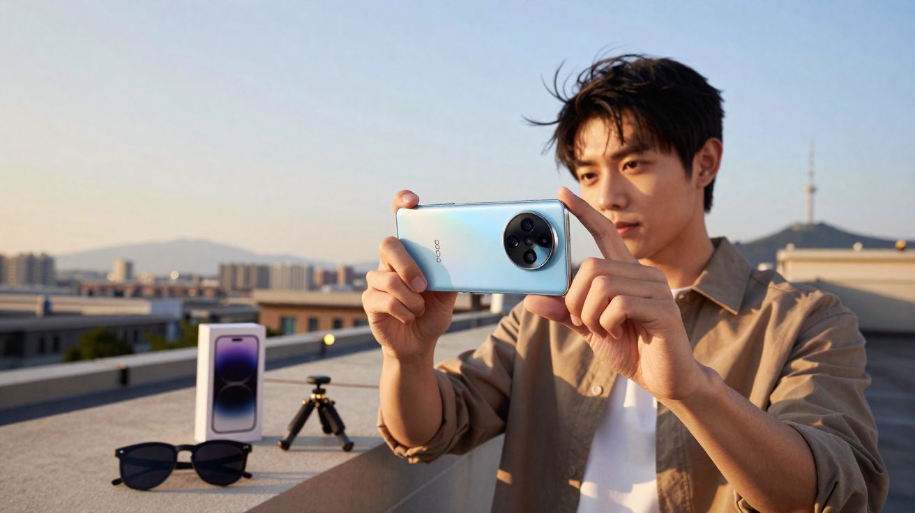 Jovem segurando smartphone azul claro, tirando foto em área externa com óculos e mini tripé à sua frente.