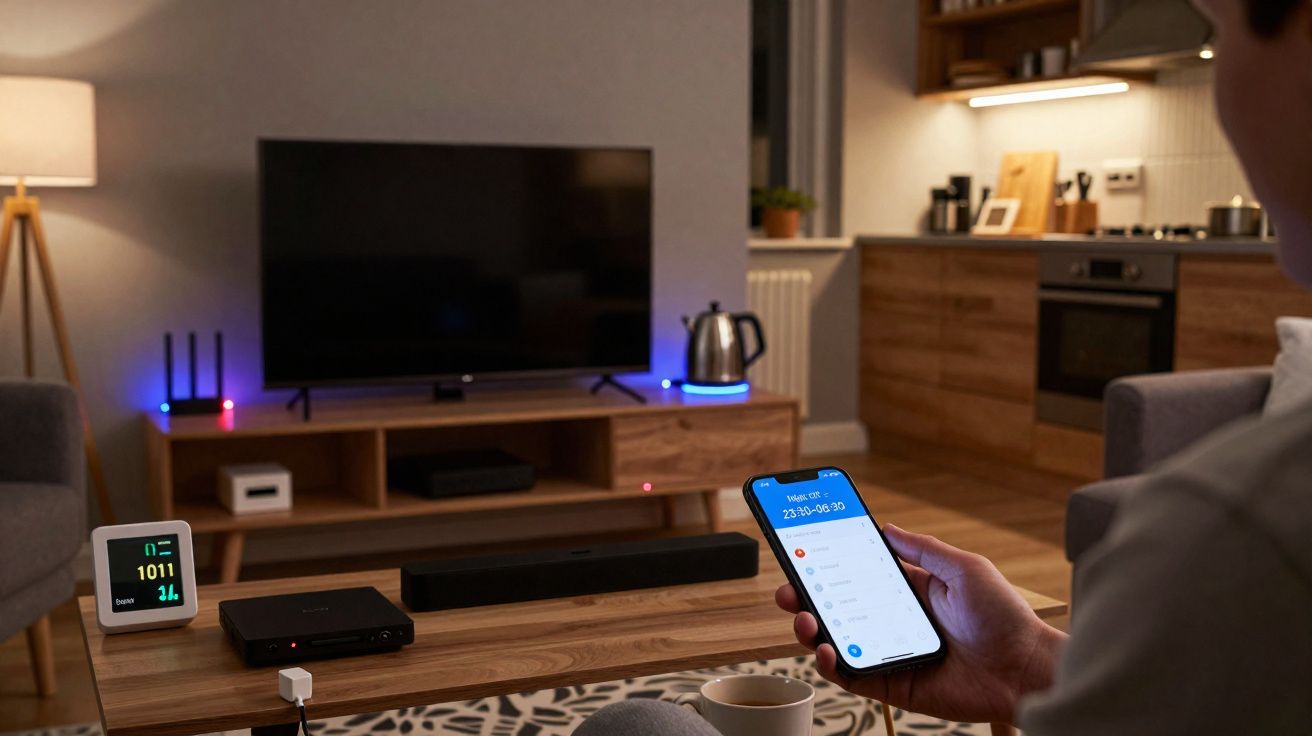 Pessoa segurando smartphone com app de monitoramento em sala de estar moderna com TV, medições de saúde e cafeteira.