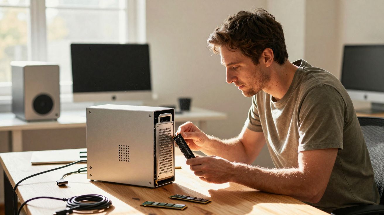 Homem sentado em mesa montando ou reparando computador com peças eletrônicas ao redor em local iluminado.