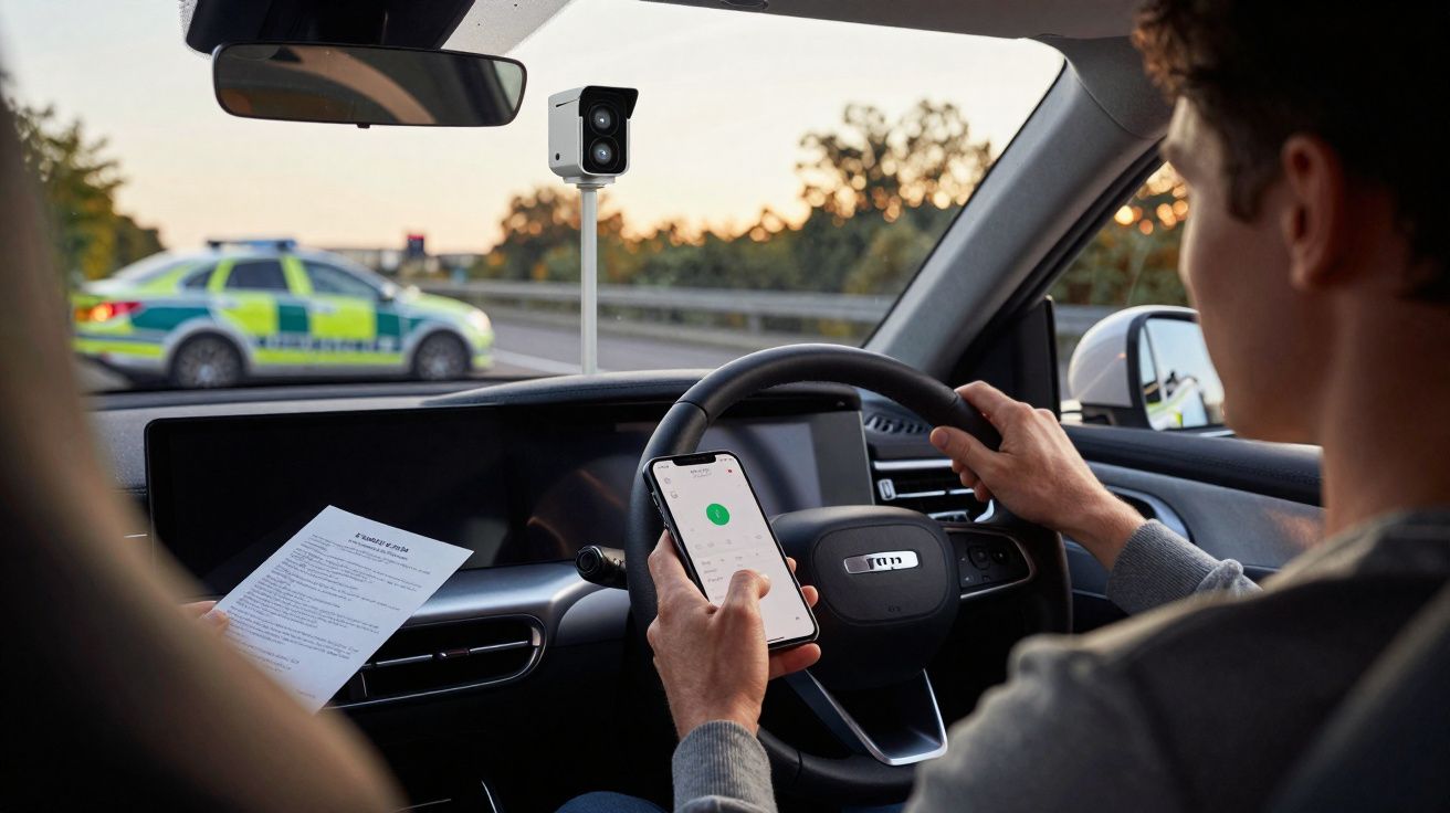 Motorista em carro elétrico segurando celular, passageiros com documento e viatura da polícia ao fundo.