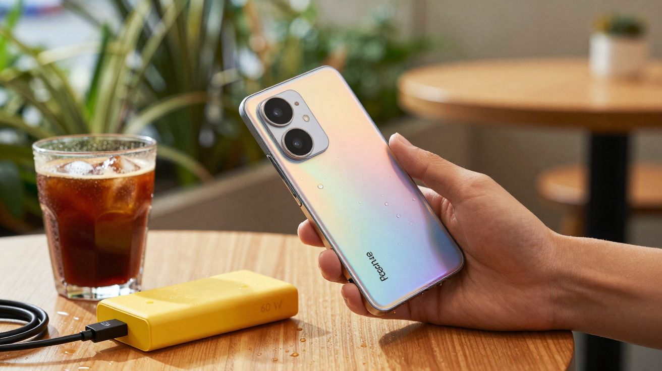 Pessoa segurando smartphone Realme com capa translúcida sobre mesa com carregador portátil amarelo e copo de bebida gelada