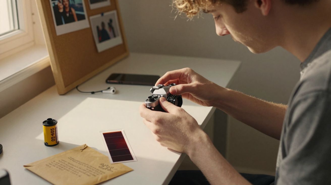 Jovem manuseando câmera analógica em mesa com filme, negativos, envelope e celular ao lado.