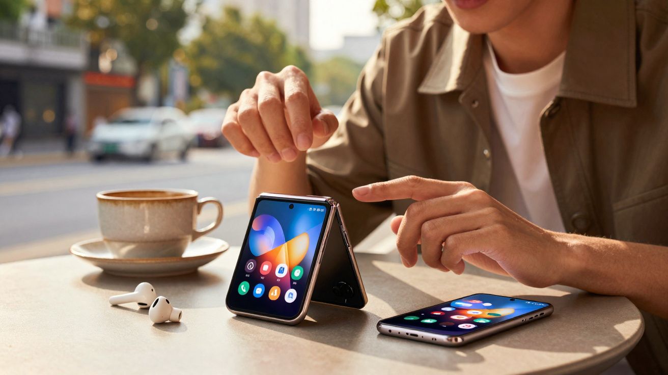 Pessoa em mesa com smartphone dobrável aberto, celular comum, fones sem fio e xícara de café.