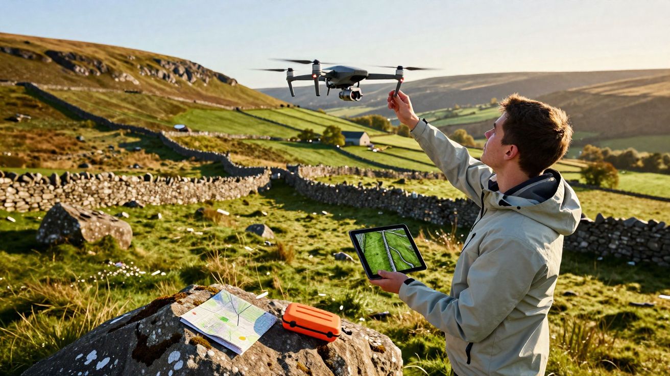Jovem operando drone com tablet em área rural montanhosa com muros de pedra e vegetação verde.