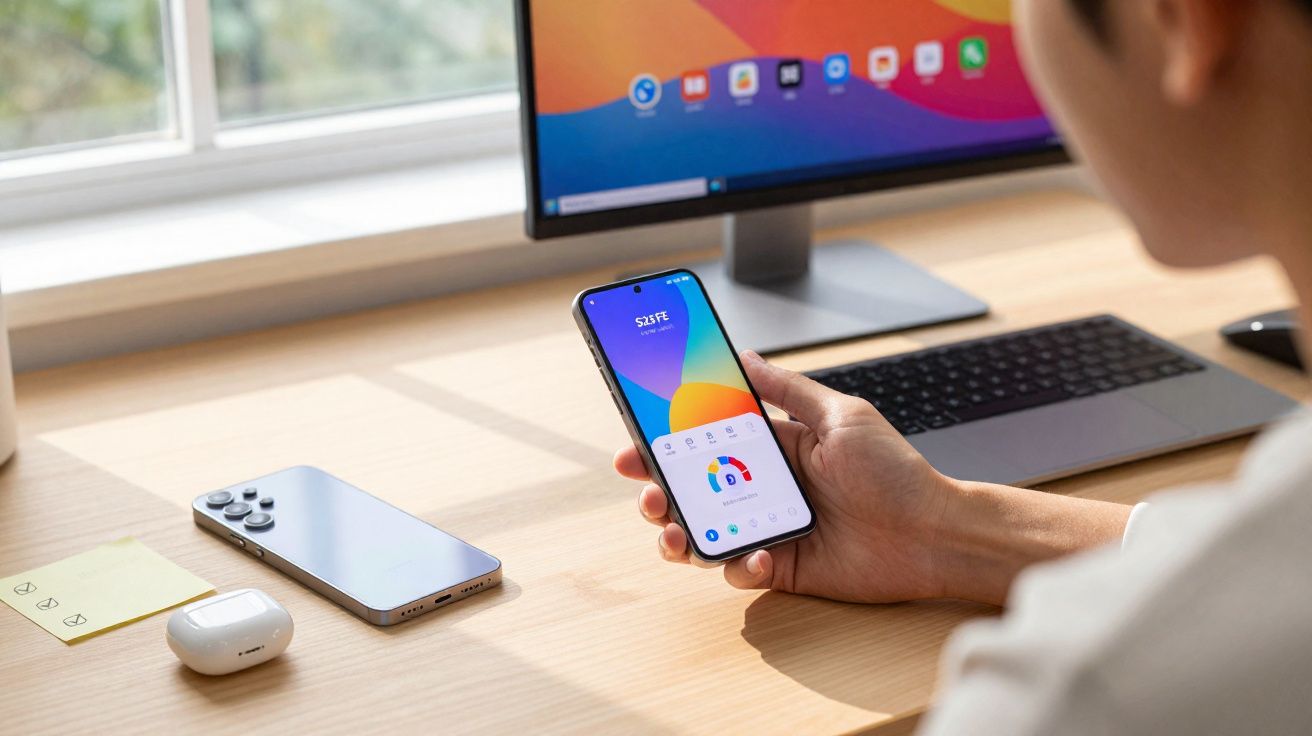 Pessoa segurando smartphone com gráfico de uso em mesa com fones, celular e computador ao fundo.