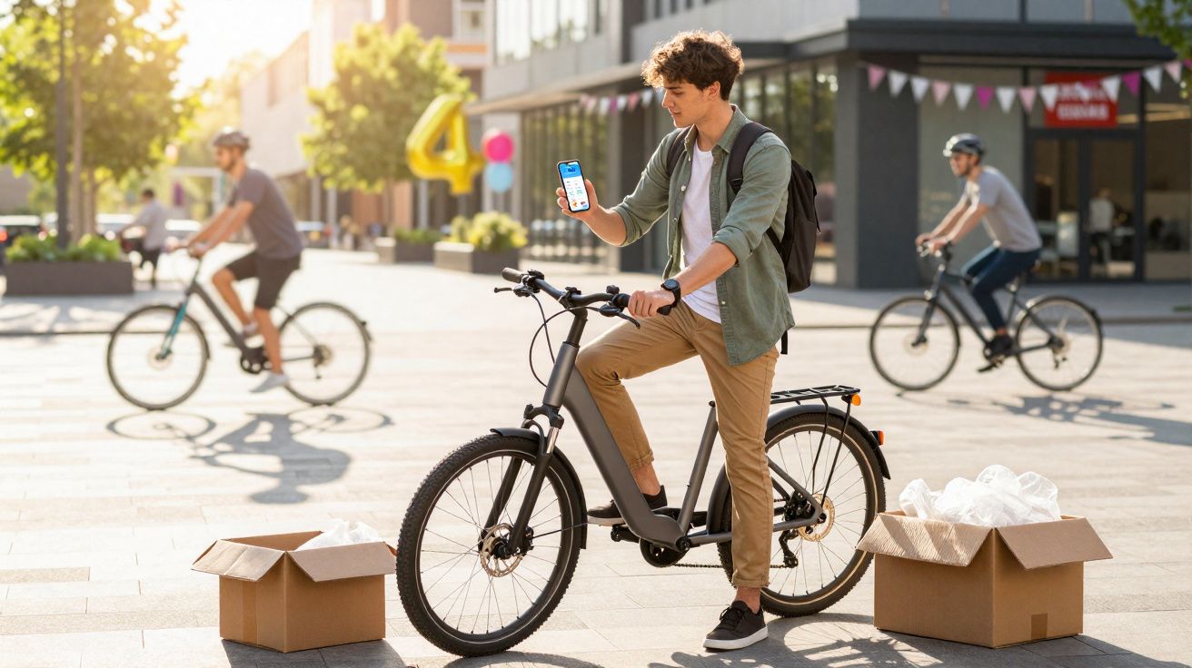 Jovem em bicicleta elétrica mostrando aplicativo em smartphone em praça movimentada com ciclistas ao fundo.